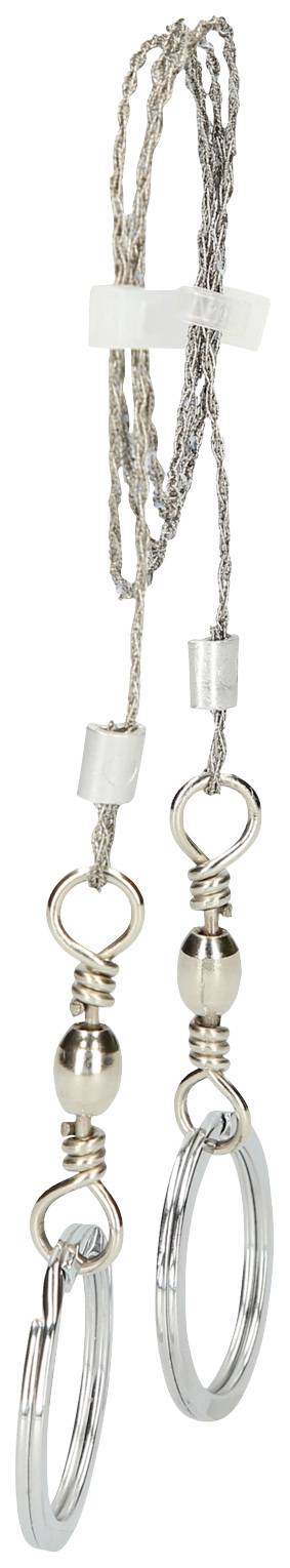 A silver jewellery pendant with two rings and decorative metal beads on a delicate chain.