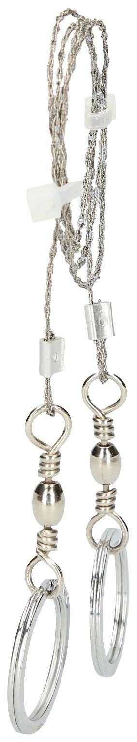 An elegant silver chain with two prominent rings at the ends, connected by decorative clasps.