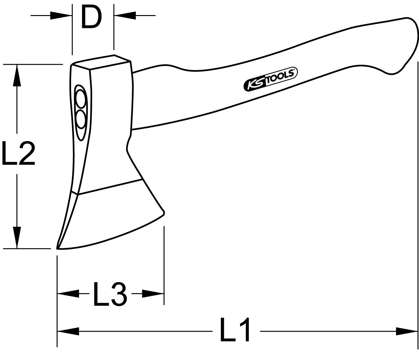 A technical drawing depicts an axe with dimensions L1, L2, L3 and D. The axe head is marked with 'KS TOOLS'.