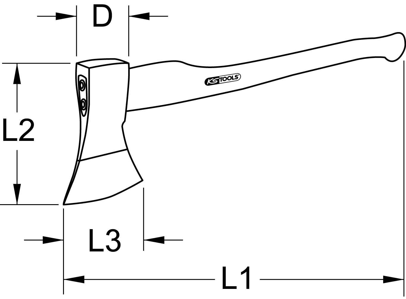 A drawing of an axe with marked dimensions: total length (L1), blade length (L2), blade width (L3), and handle thickness (D).