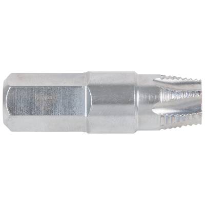 A metal tap with a hexagonal shank, fluted thread, and shiny surface, suitable for thread cutting.
