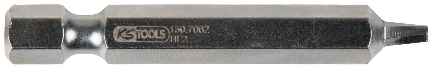 A silver screwdriver bit lies horizontally. It has a hexagonal shaft and a flat, bevelled tip.