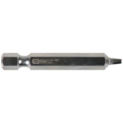 A silver screwdriver bit lies horizontally. It has a hexagonal shaft and a flat, bevelled tip.