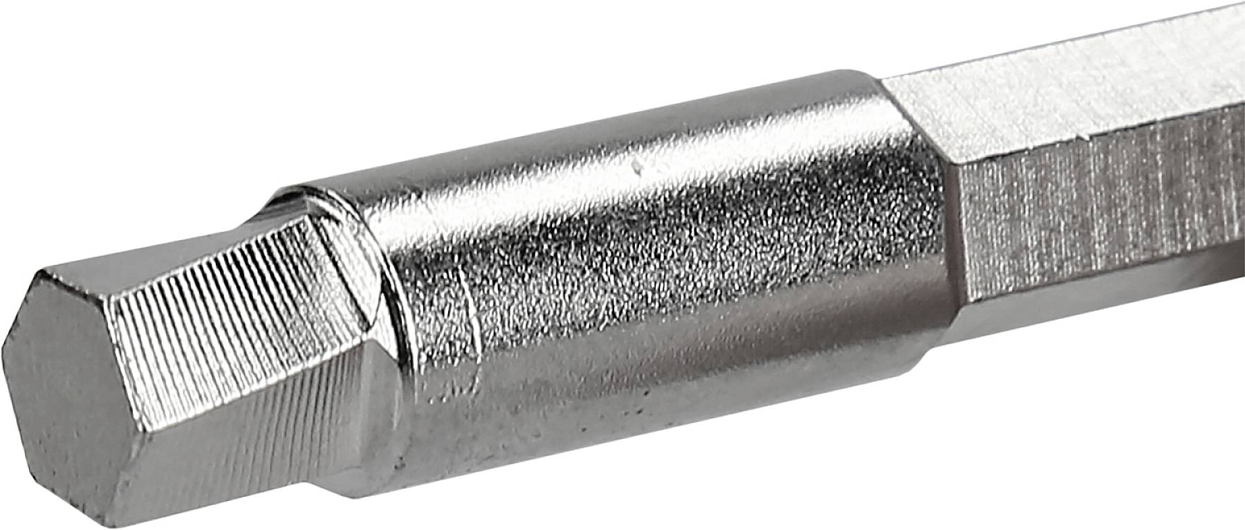 Metallic screw extractor with a hexagonal shaft, used for removing damaged screws in technical applications.