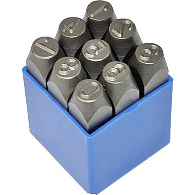 Set of metal letter stamps from 'a' to 'i' in a blue container.