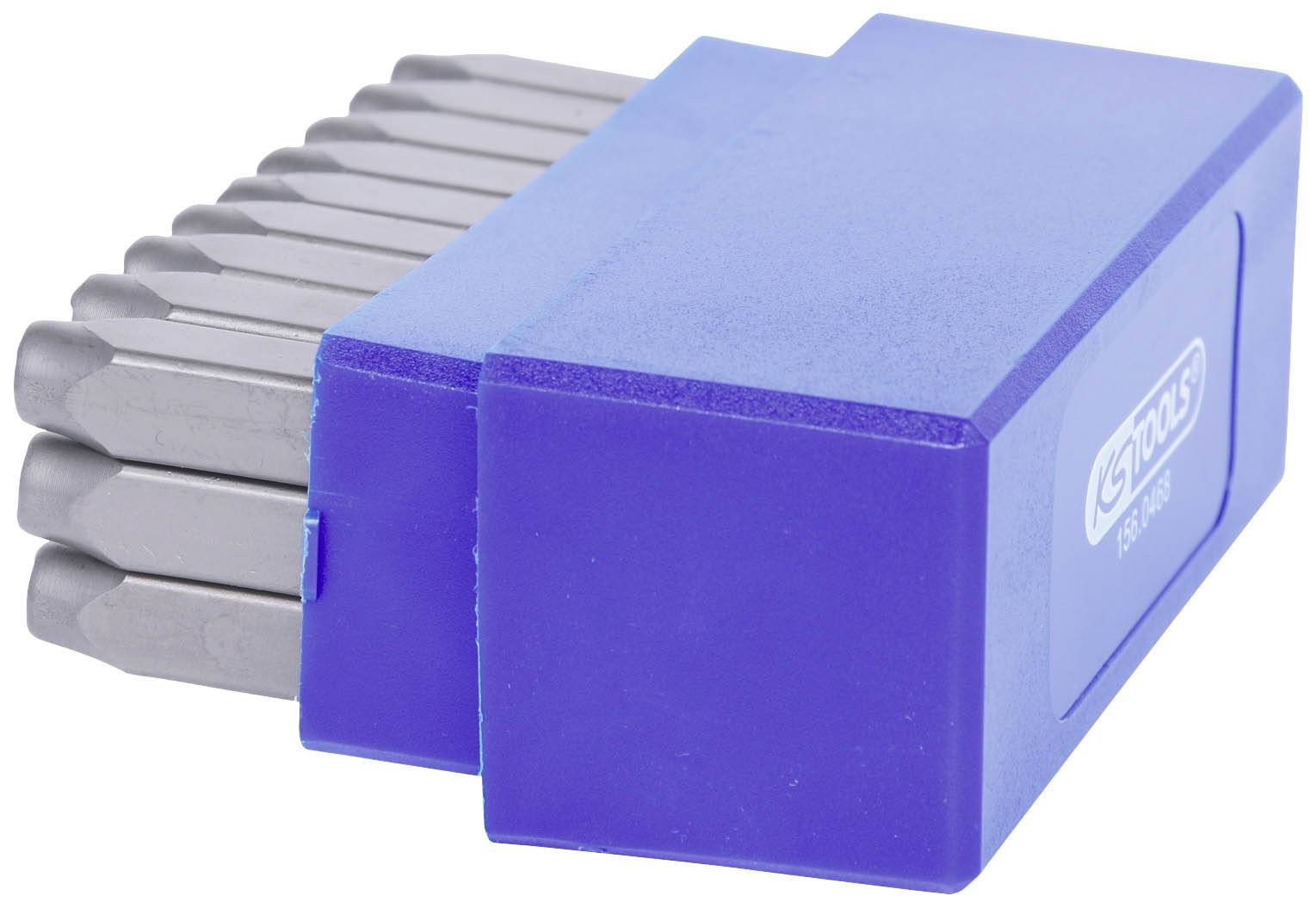 Blue plastic holder with nine silver, hexagonal metal pins of equal size.