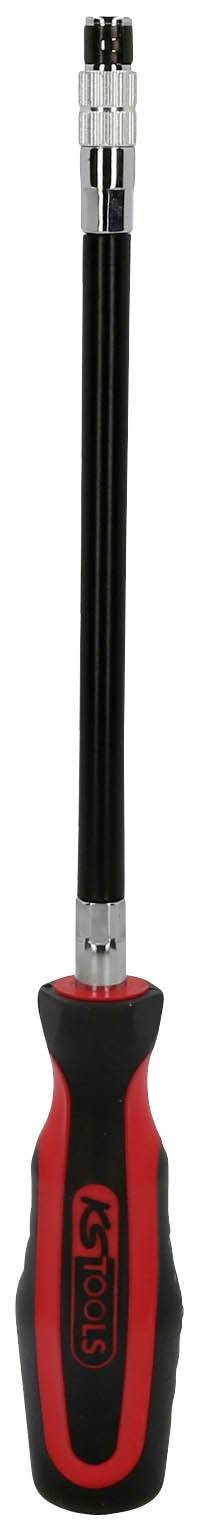 Red and black screwdriver with a long, flexible shaft and silver tip, suitable for hard-to-reach places.