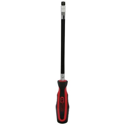 Red and black screwdriver with a long, flexible shaft and silver tip, suitable for hard-to-reach places.
