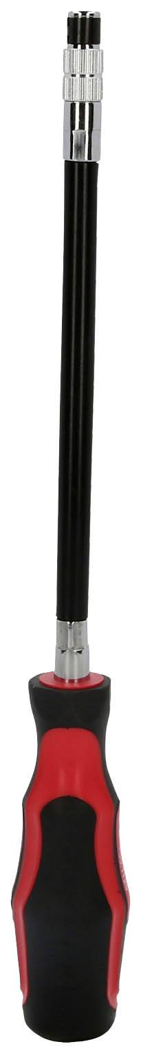 Screwdriver with a long, flexible shaft and a red, ergonomic handle, suitable for hard-to-reach areas.