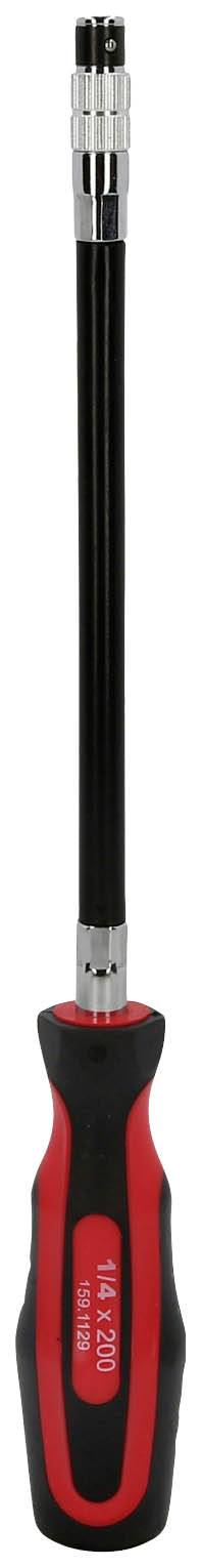 A black screwdriver with a red handle and a long, flexible shaft.