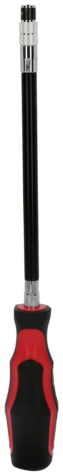 A red and black screwdriver with a long, adjustable shaft and an ergonomic handle for enhanced handling.