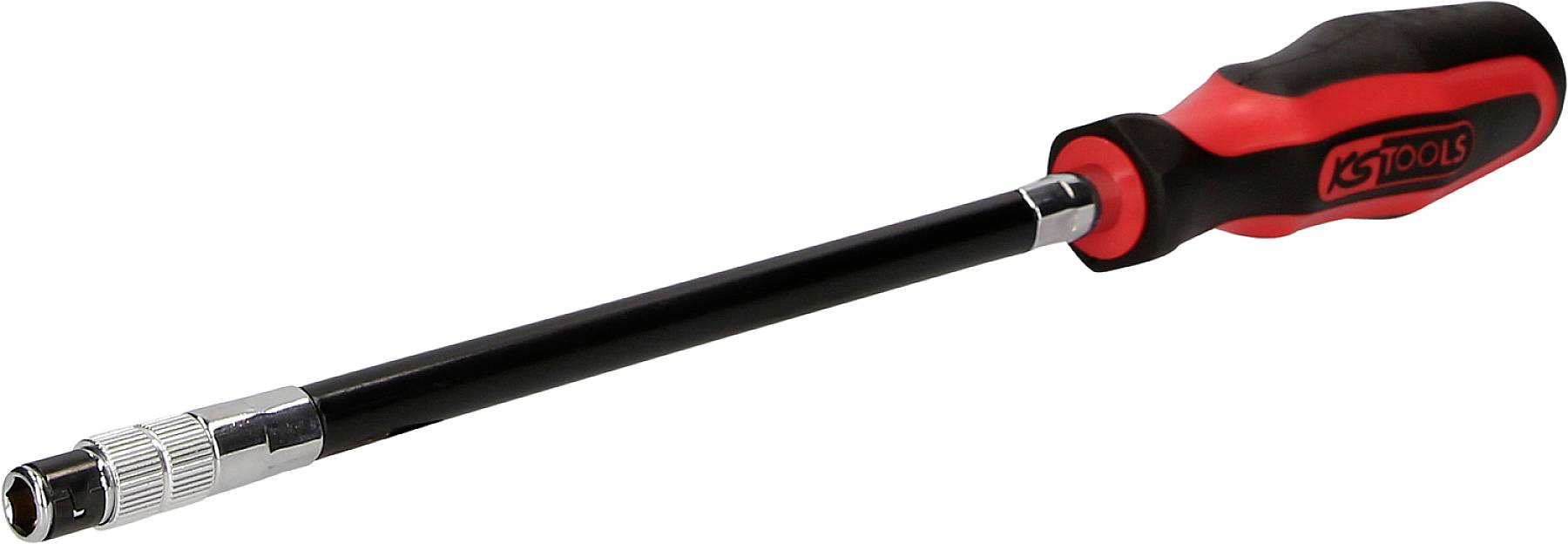 Screwdriver with red and black handle, featuring a long, narrow shaft and adjustable head for precise application.