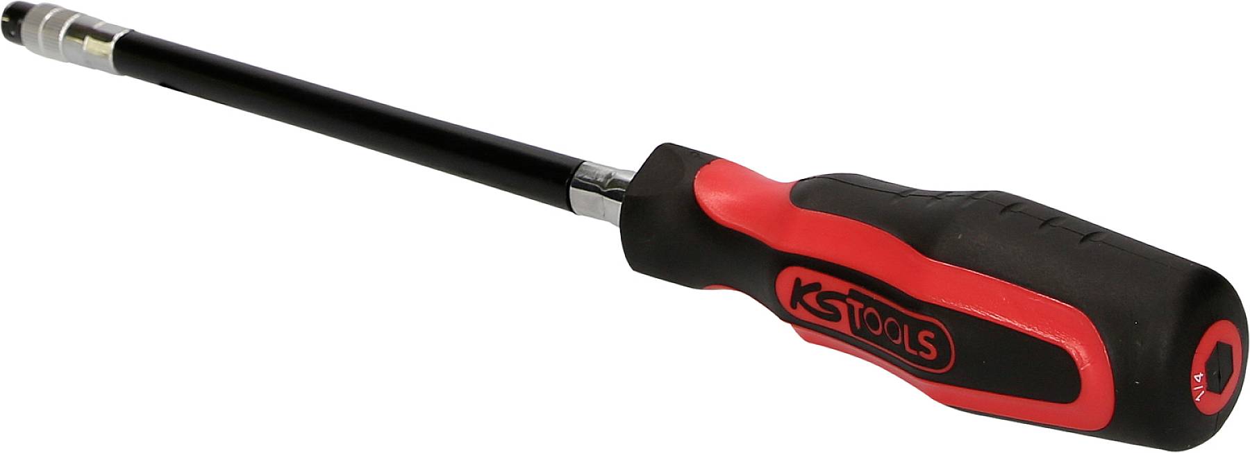 Screwdriver with a long black shaft and ergonomic red and black handle, suitable for hard-to-reach screws.