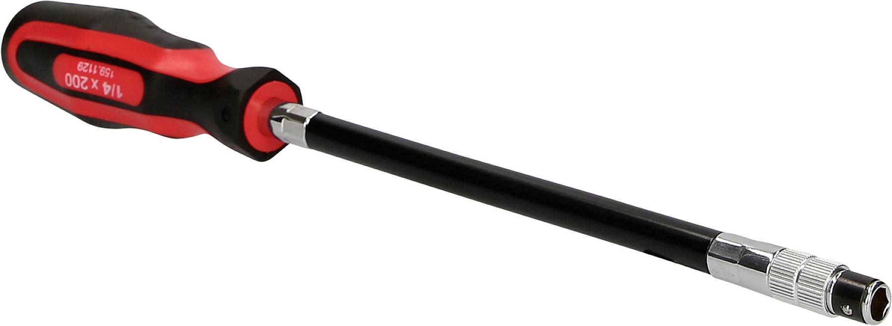 A long screwdriver with a red and black handle, suitable for hard-to-reach places.