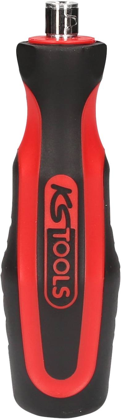 Black and red screwdriver handle with blade holder, 'KS Tools' brand name engraved, ergonomically designed for better grip.