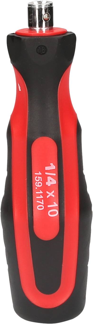 A red and black screwdriver handle with '1/4 x 10' and '1591170' printing.