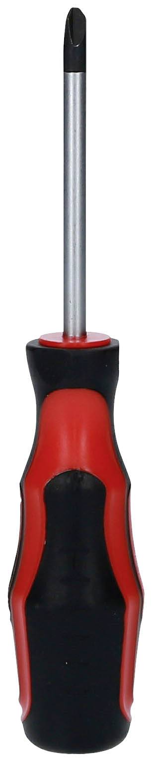 A screwdriver with a black handle and red accents, suitable for use with cross-head screws.