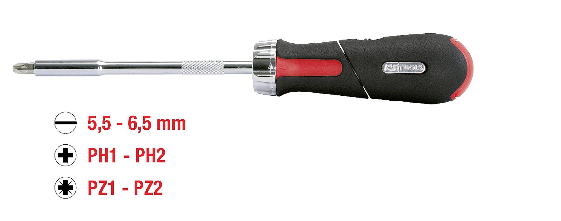 Screwdriver with interchangeable blades, non-slip handle. Various blades: 5.5–6.5 mm slotted, PH1-PH2 Phillips, PZ1-PZ2 Pozidriv.