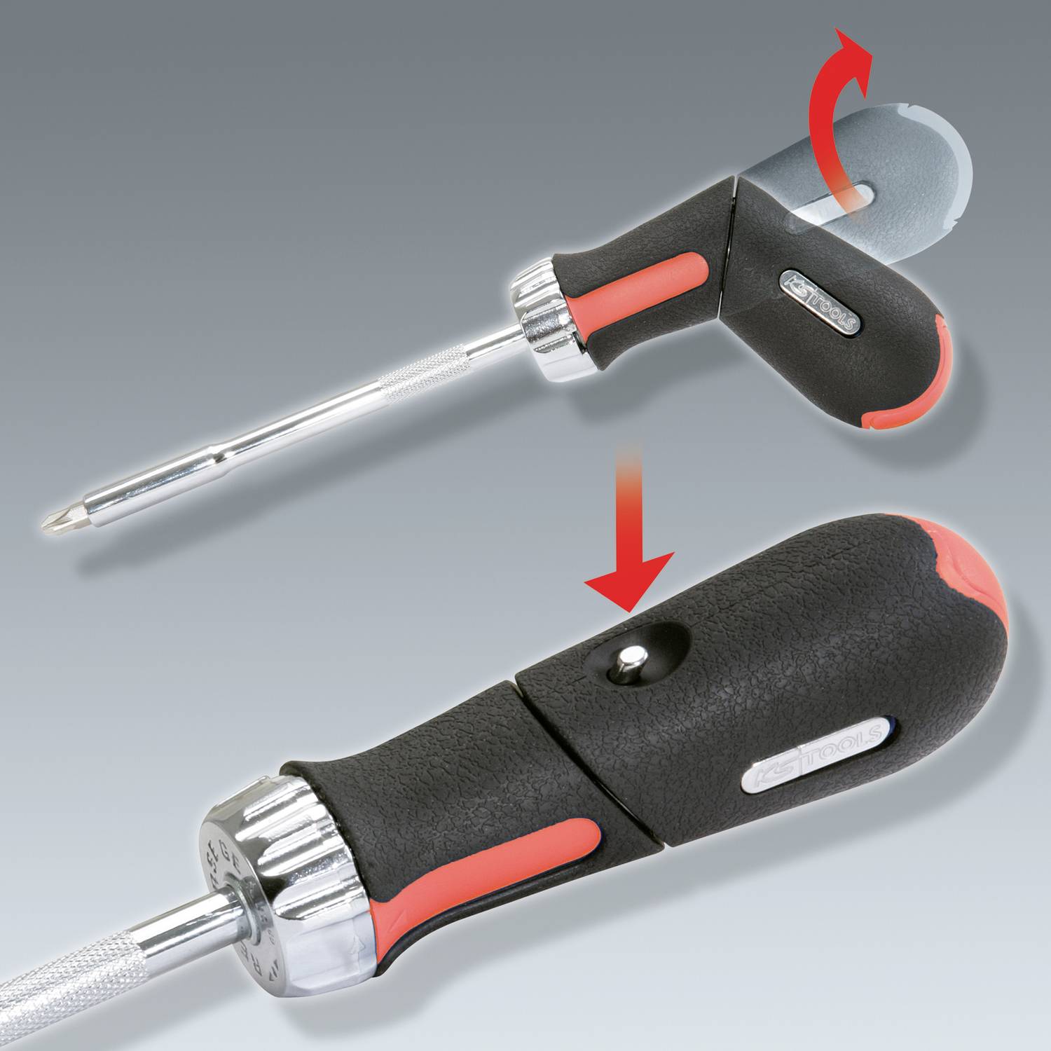 A screwdriver with an adjustable handle shows two positions: at the top with a curved handle, at the bottom with a straight handle.