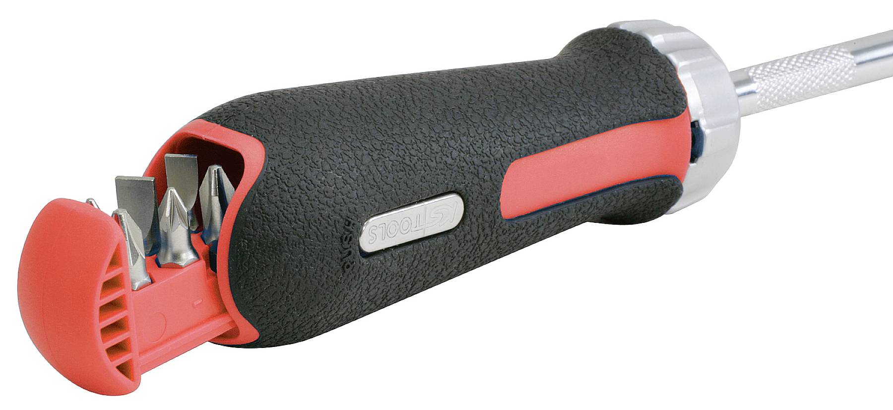 A screwdriver with an ergonomic, black handle and red cover. It has integrated, interchangeable bits.