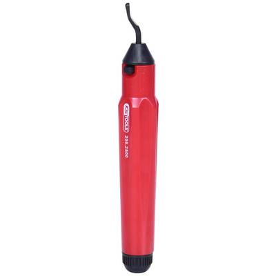 Red deburring tool with ergonomic handle and black blade, suitable for processing metal and plastic edges.