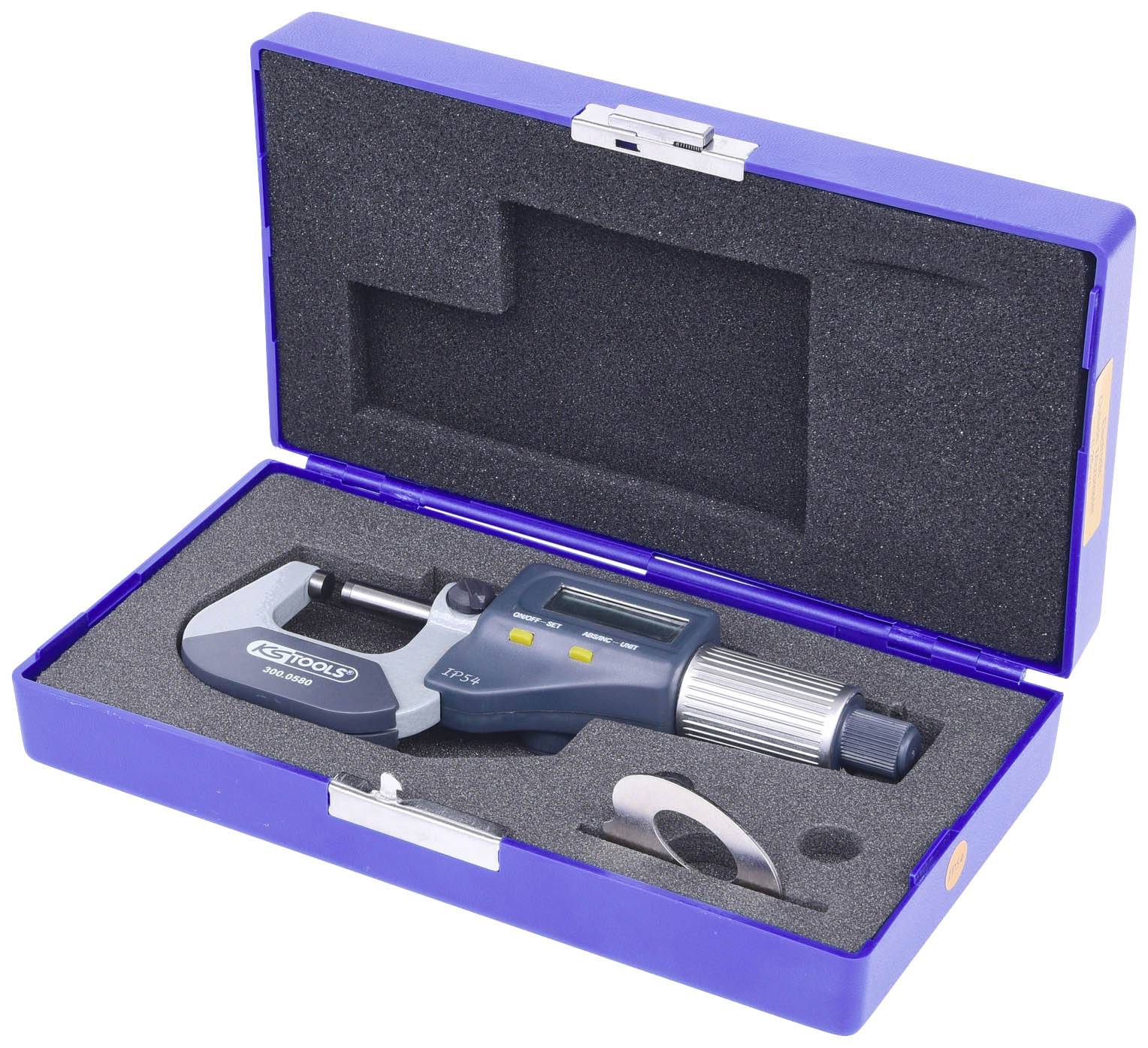 A digital calliper in a blue case with foam lining, ready for precise measurement, including accessories.