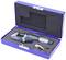 A digital calliper in a blue case with foam lining, ready for precise measurement, including accessories.