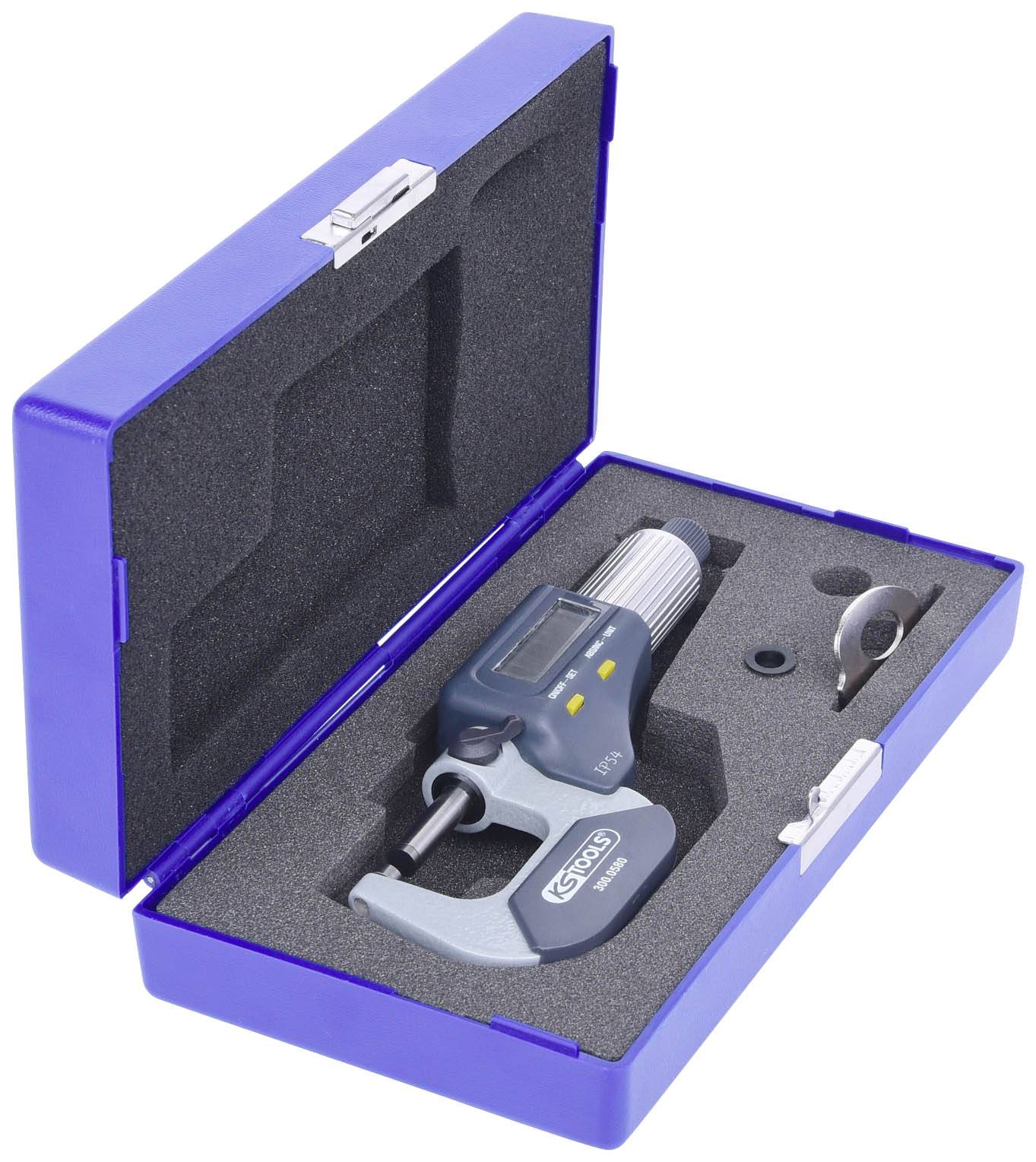 Digital micrometer tool in a blue plastic case with foam lining. The set includes accessories for precise measurements.