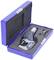 Digital micrometer tool in a blue plastic case with foam lining. The set includes accessories for precise measurements.