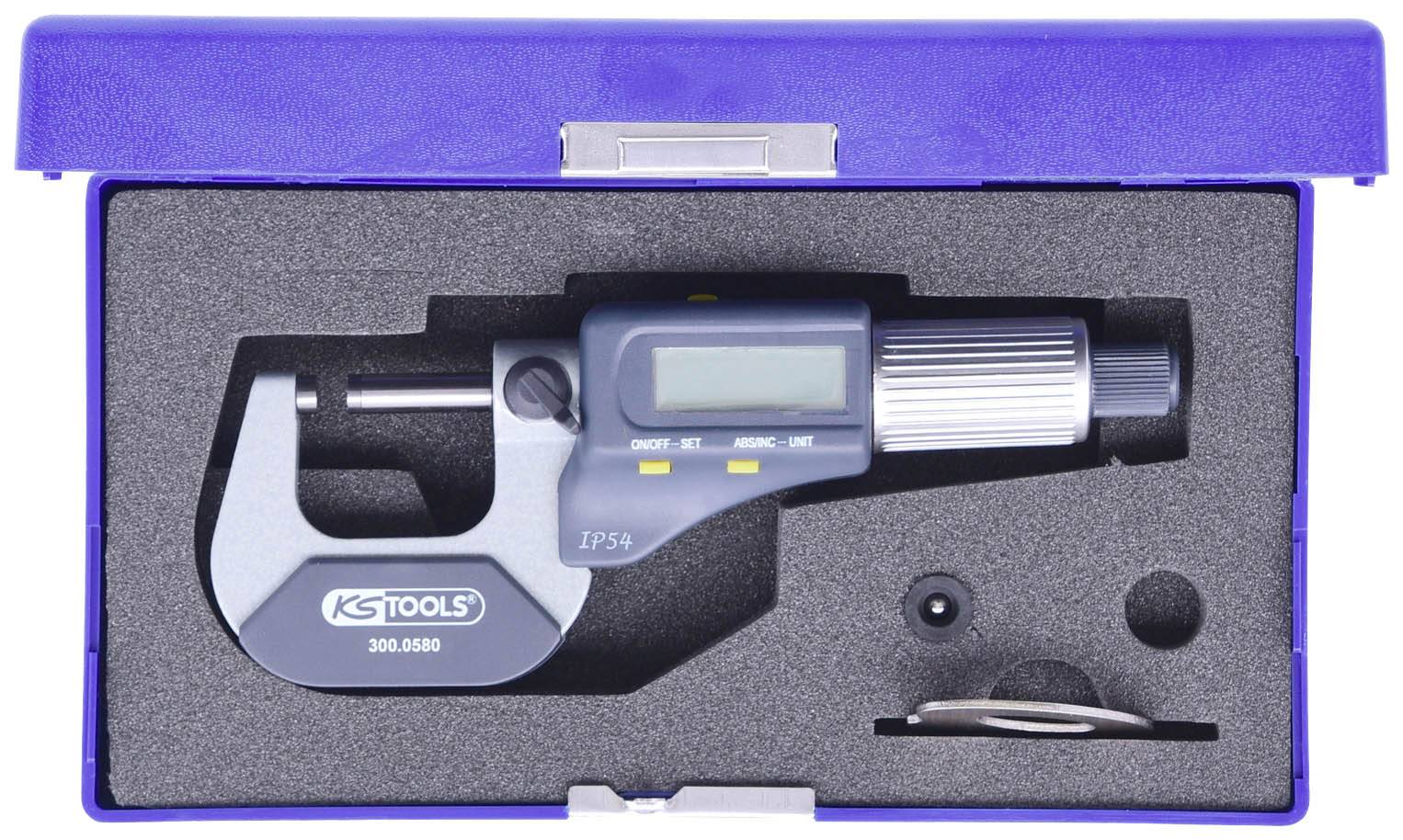 A digital micrometer from KS Tools is housed in a blue case with foam lining. It features a display and control buttons.