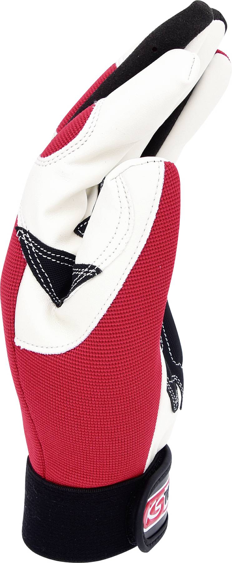 A glove made of red and white fabric and black leather, standing upright. Suitable for motorsport, with reinforced seams and a Velcro fastening.