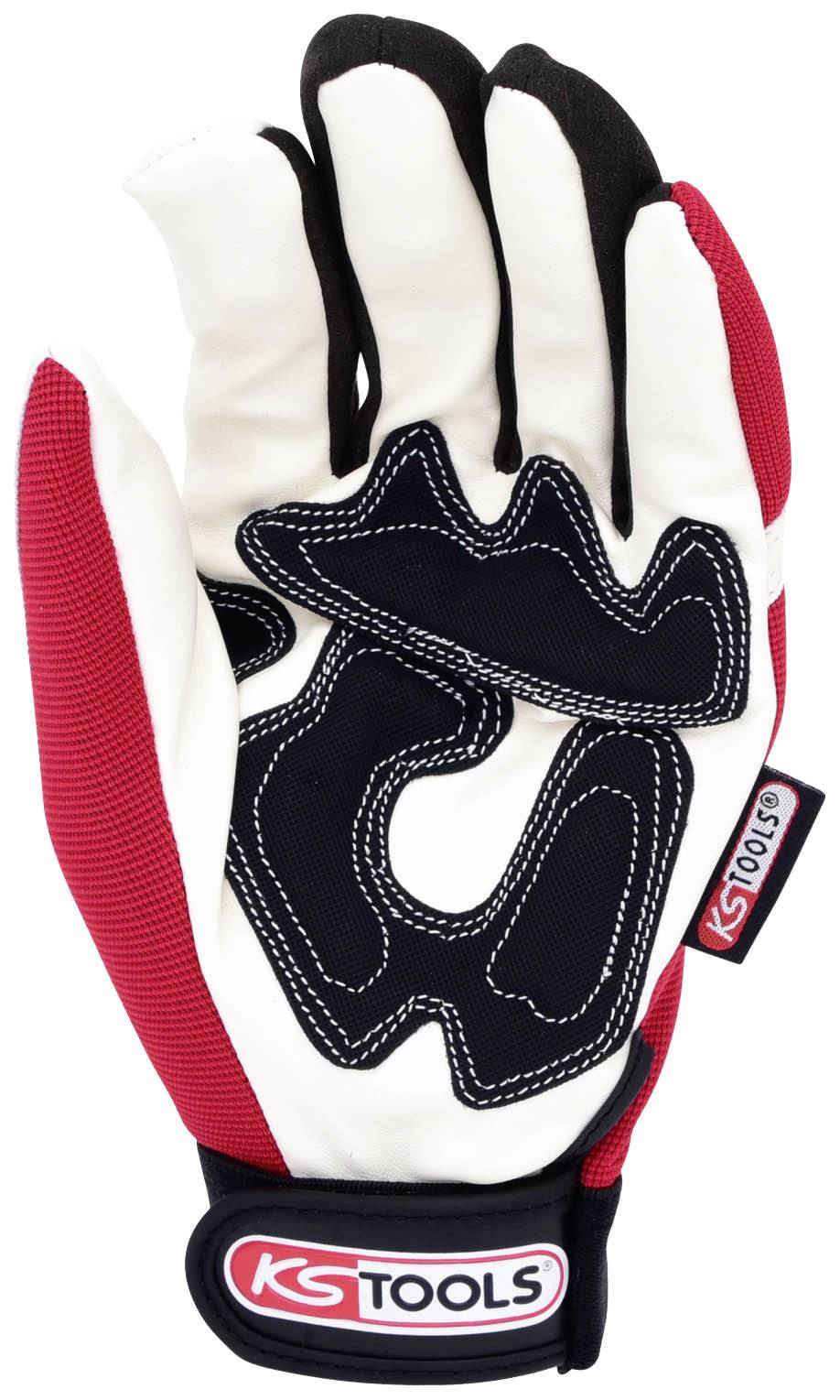 Work glove with red and white fabric, black padding on the palm and KS Tools logo on the fastening.
