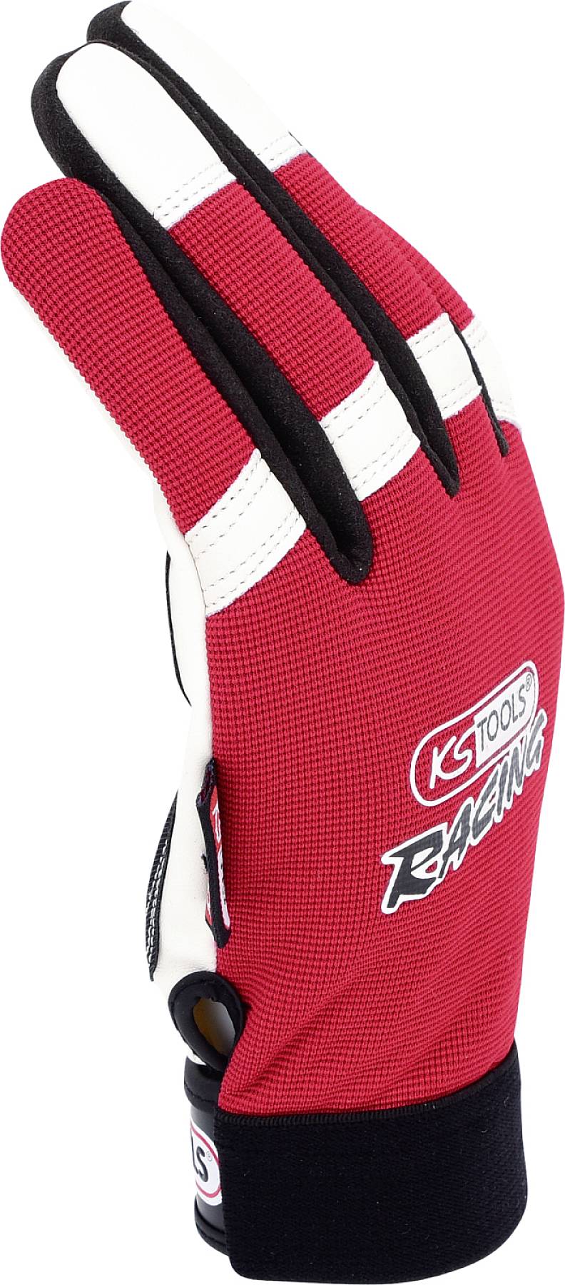 Red racing glove with black and white accents by 'KS TOOLS RACING'.