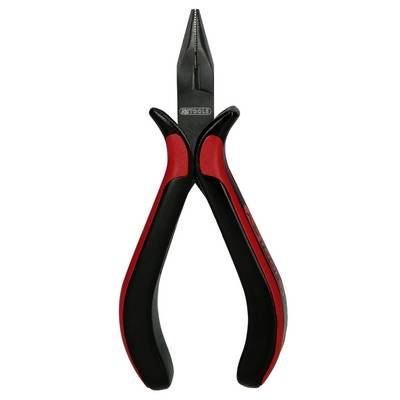 Black and red pointed pliers with a steel head and rubber-coated handles. They are typically used for precision work.