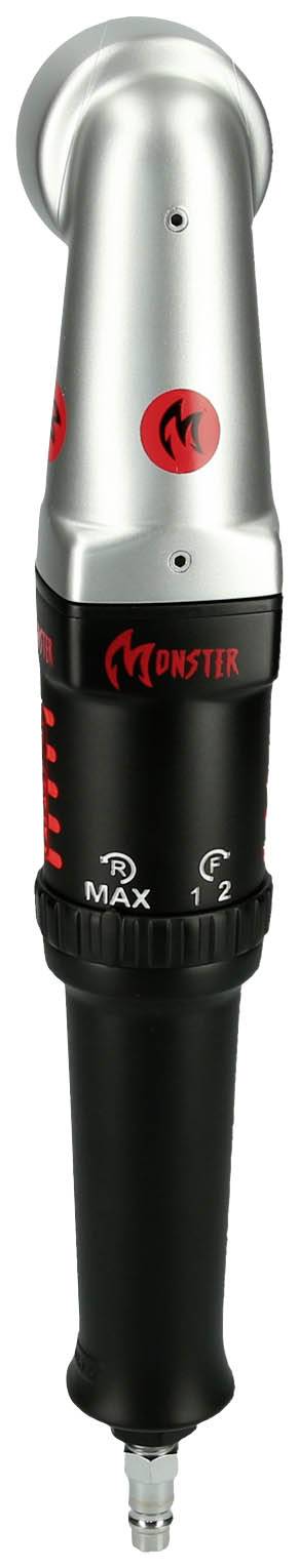 Pneumatic angle grinder with ergonomic handle, silver and black details, red monster logos, rotary speed controller.