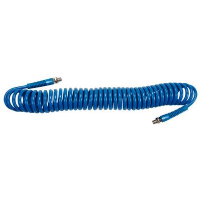 Blue, spiral-shaped cable with connectors at both ends; used for electrical connection in flexible applications.