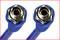 Two blue water hoses with metallic connectors, closely positioned side by side, against a white background.