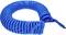 A blue, spirally coiled air hose with connectors at both ends, commonly used in compressed air systems.