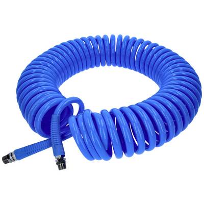 Blue, spiral-shaped air hose with metal connectors at both ends, coiled and ready to be connected to an air compressor.