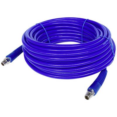 Long blue garden hose, coiled, with metal connectors at both ends.
