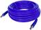 Long blue garden hose, coiled, with metal connectors at both ends.