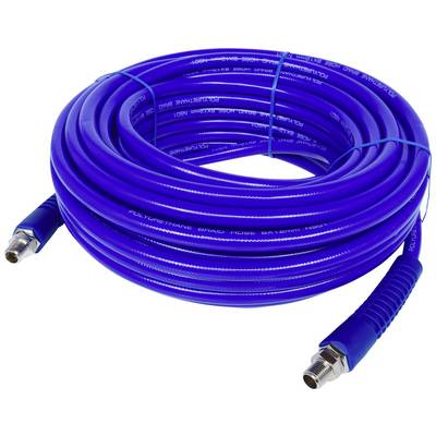 Long blue rubber hose with metal connectors, carefully coiled and secured with cable ties, ready for use.