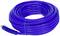 A long, blue garden hose with a metal connector on one end, neatly coiled and secured with a cable tie.