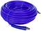 A coiled blue garden hose with metal connectors at both ends lies on a white background.