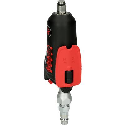 Pneumatic impact wrench with black casing and red switch. Suitable for use in automotive workshops for wheel mounting.