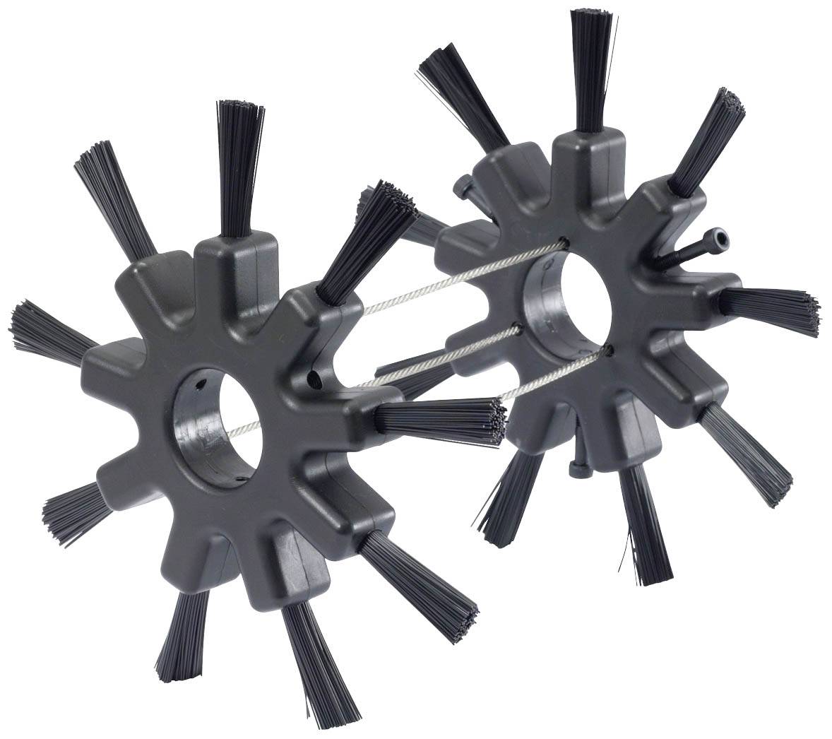 'Two black plastic drain brushes with multiple bristle strands and a central hole.'