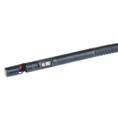 A black pen with a small LED light and a switch on the side. The grip area is slightly textured.