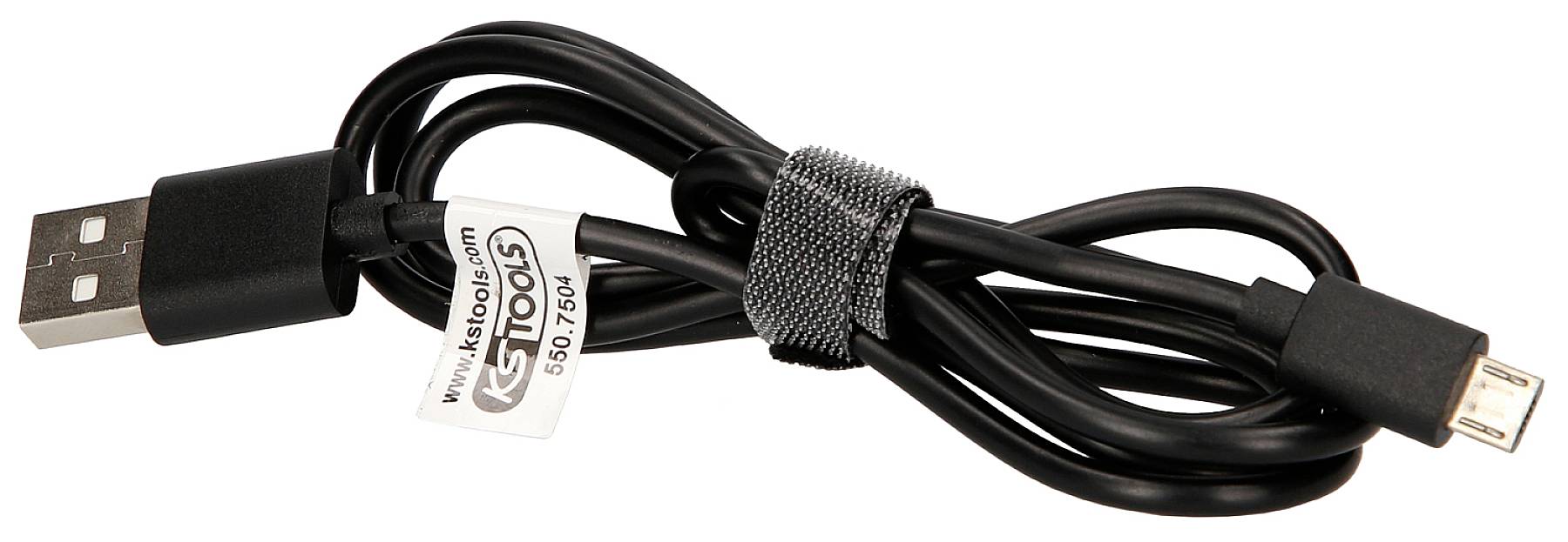 Black USB cable with micro-USB connector and label, coiled and held together with a hook and loop fastener.