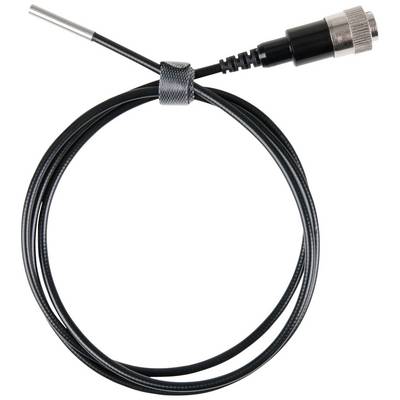 Image of a black cable with a metal plug and metal tip. The cable is coiled and rests on a white surface.