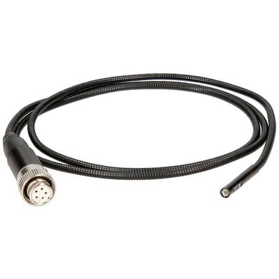 A black endoscope cable with a plug at one end and a camera at the other, lying on a white surface.